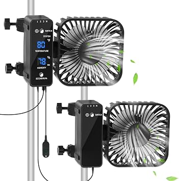 2-Pack 4 Grow Tent Fan With Temperature And Humidity Meter,Automatic Humidity Control,Oscillating Fan For Hydroponic Ventilation Circulation With Clips,Adjustable Speed Quiet Greenhouse