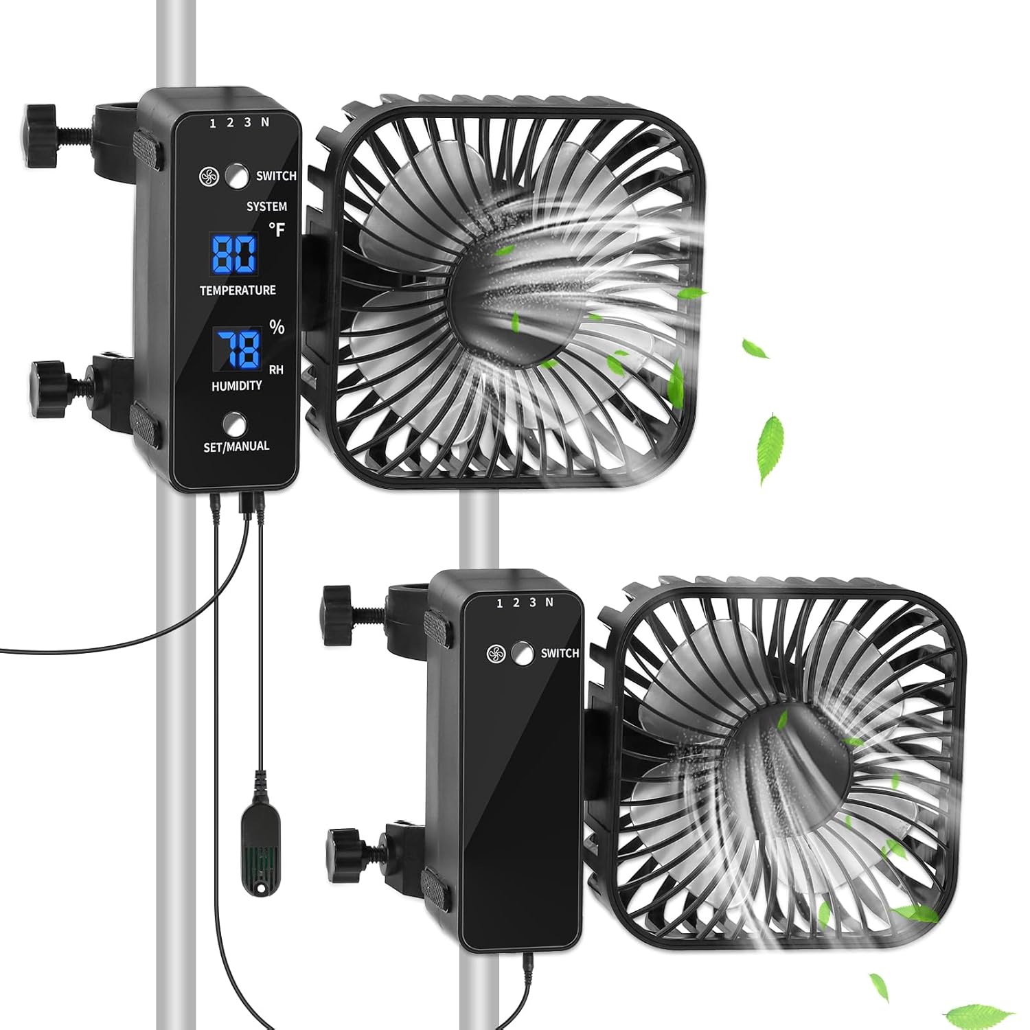 2-Pack 4 Grow Tent Fan With Temperature And Humidity Meter Automatic Humidity Control Oscillating Fan For Hydroponic Ventilation