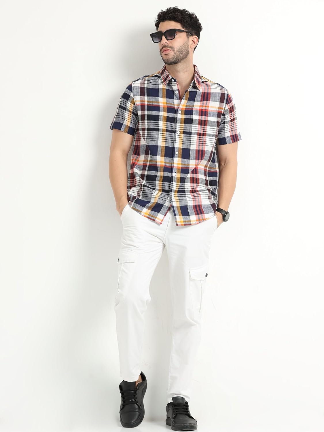 GLORYBOYZ Half Shirt for Men Cotton Check Shirt for Men (XS-6XL) Regular Fit Short Sleeve Big Checks Chambray Button Down Mens Check Shirt Casual Formal Stylish Checkered Shirt Men Plus Size