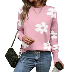 Womens Sweaters Fall Floral Flower Pulloer Shirts Dressy Tunic Tops Ribbed Knit Loose Sweater Crew Neck Casual Outfit