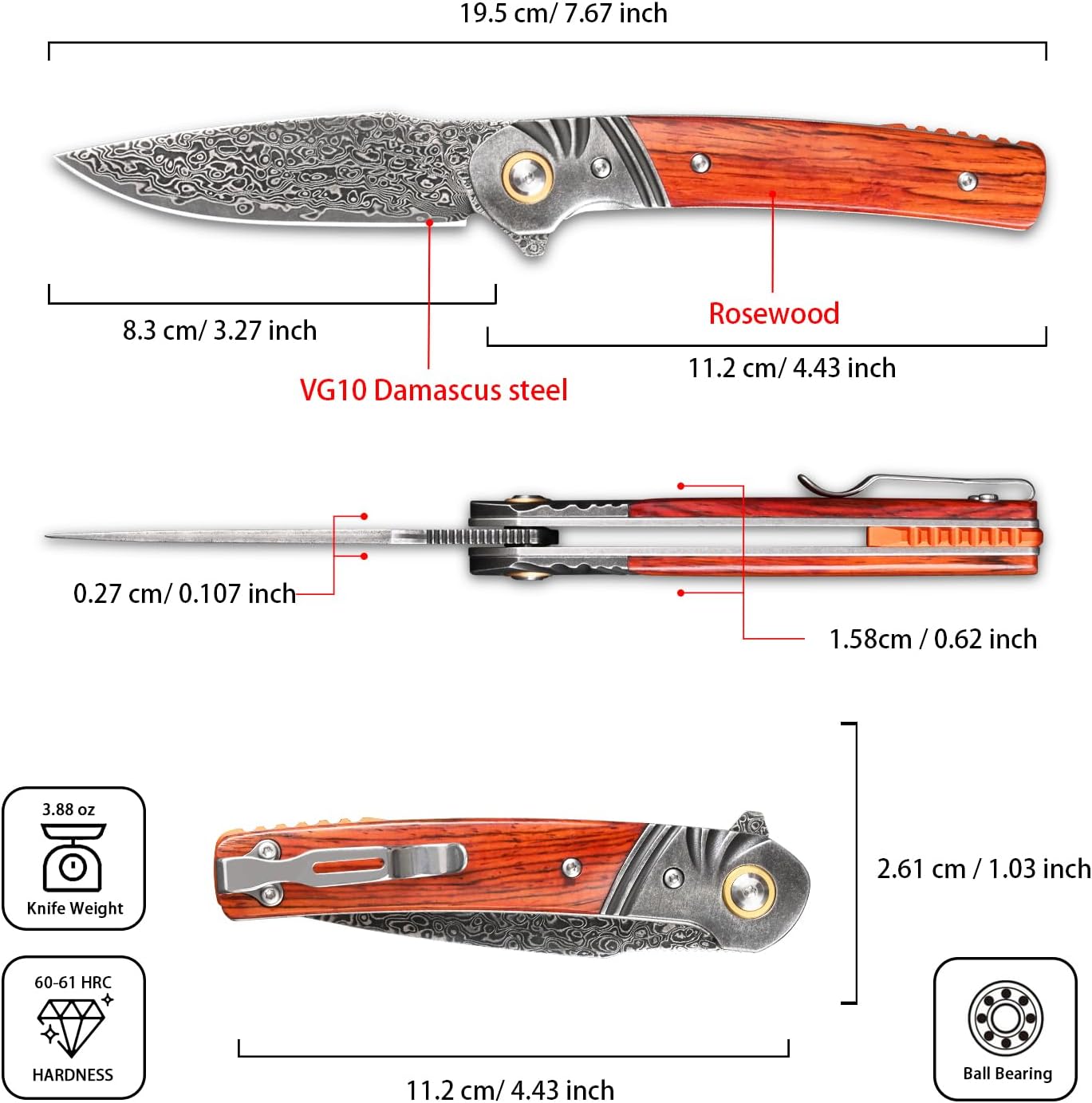 Damascus Pocket Knife with Clip Folding Knives for Men Tactical Hunting Outdoors Camping Survival Gear Edc Tools fishing Knifes (Black steel head)