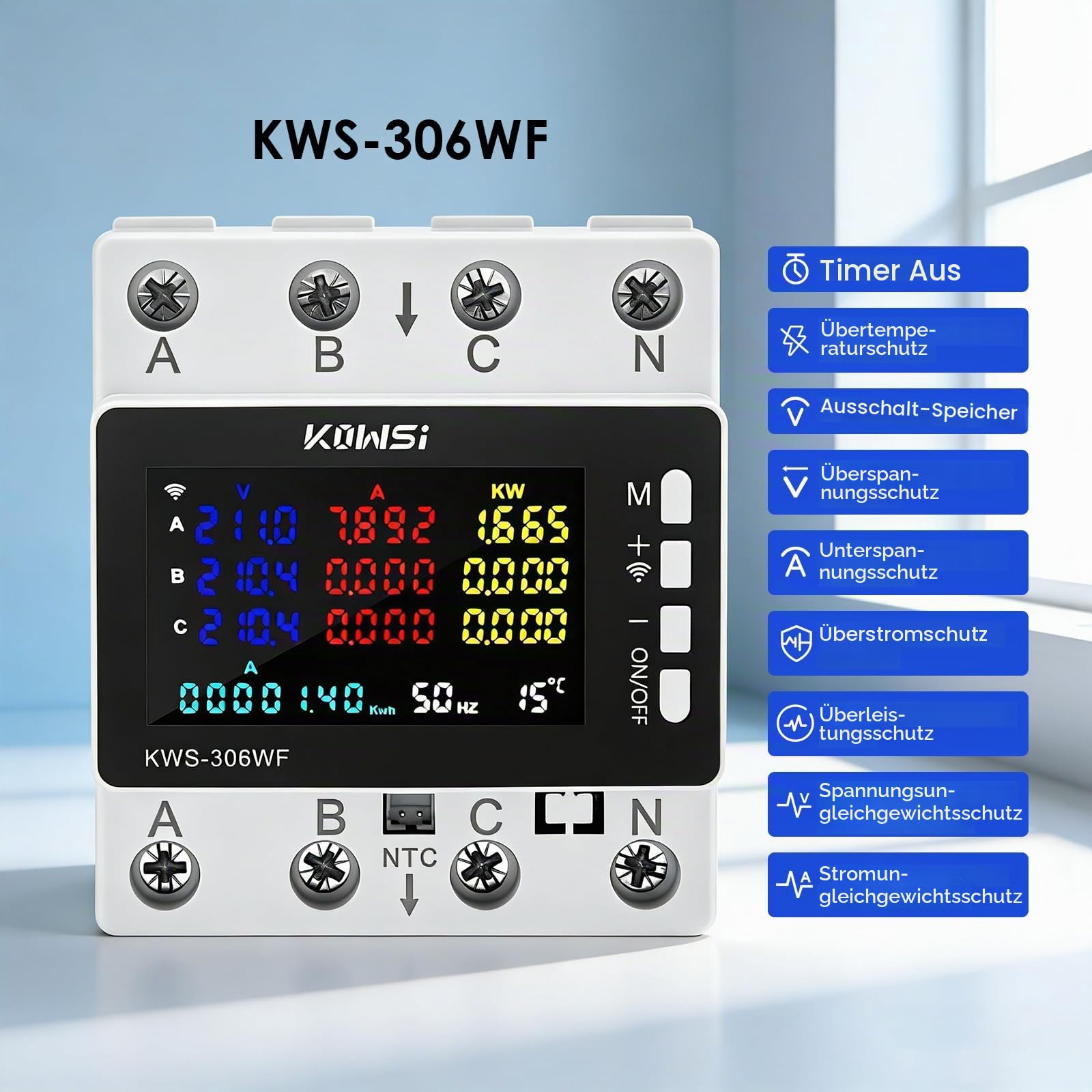 3-Phasen WiFi Stromzähler, 10-in-1 Smart Energy Monitor mit Tuya App, Digitaler kWh Zähler DIN Schiene, 85-290V AC 0-80A, Leistungsmessgerät, Volt Ampere Wattmeter für Haushalt & Industrie