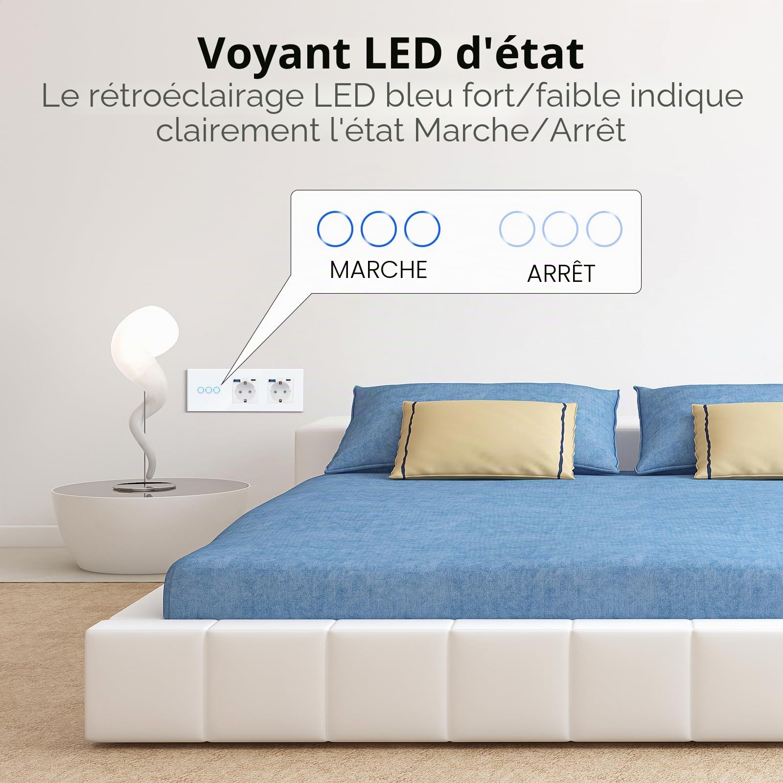 CNBINGO Interrupteur tactile et double prise USB (charge rapide type C+A, 20 W) – Prise Schuko encastrée – Interrupteur mural en verre double avec LED