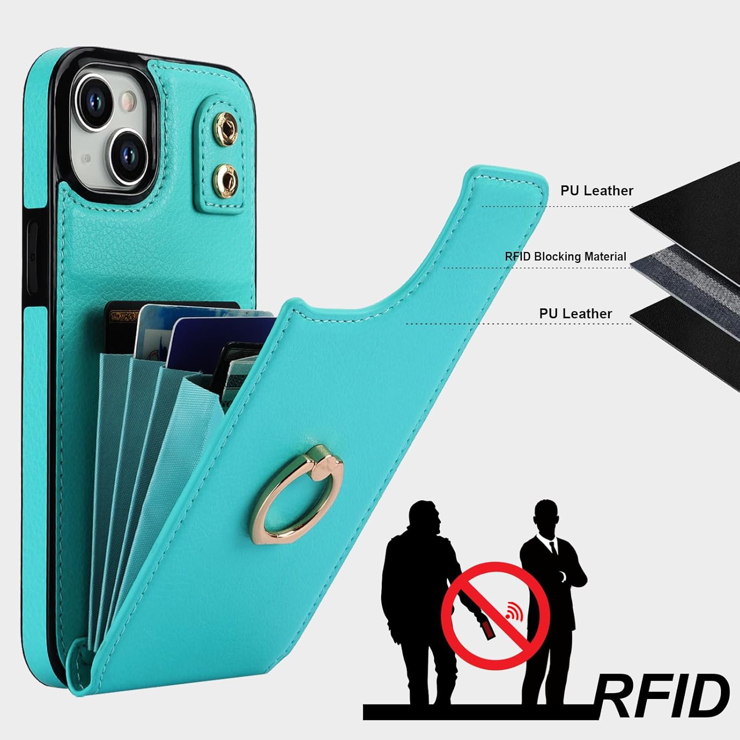 Folosu Compatible with iPhone 15 Plus Case Wallet with Card Holder, 360°Rotation Finger Ring Holder Kickstand, RFID Blocking Leather Protective Double Buttons Shockproof Cover 6.7 Inch Green