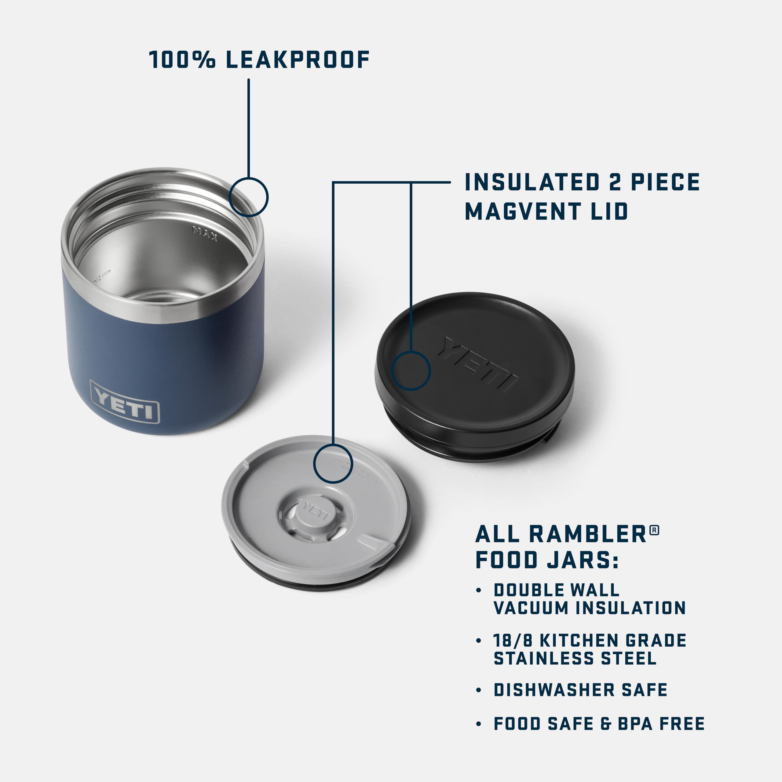 YETI Rambler - Barattolo per alimenti, isolato sottovuoto, in acciaio inox, con coperchio MagVent a tenuta stagna, blu navy, 237 ml