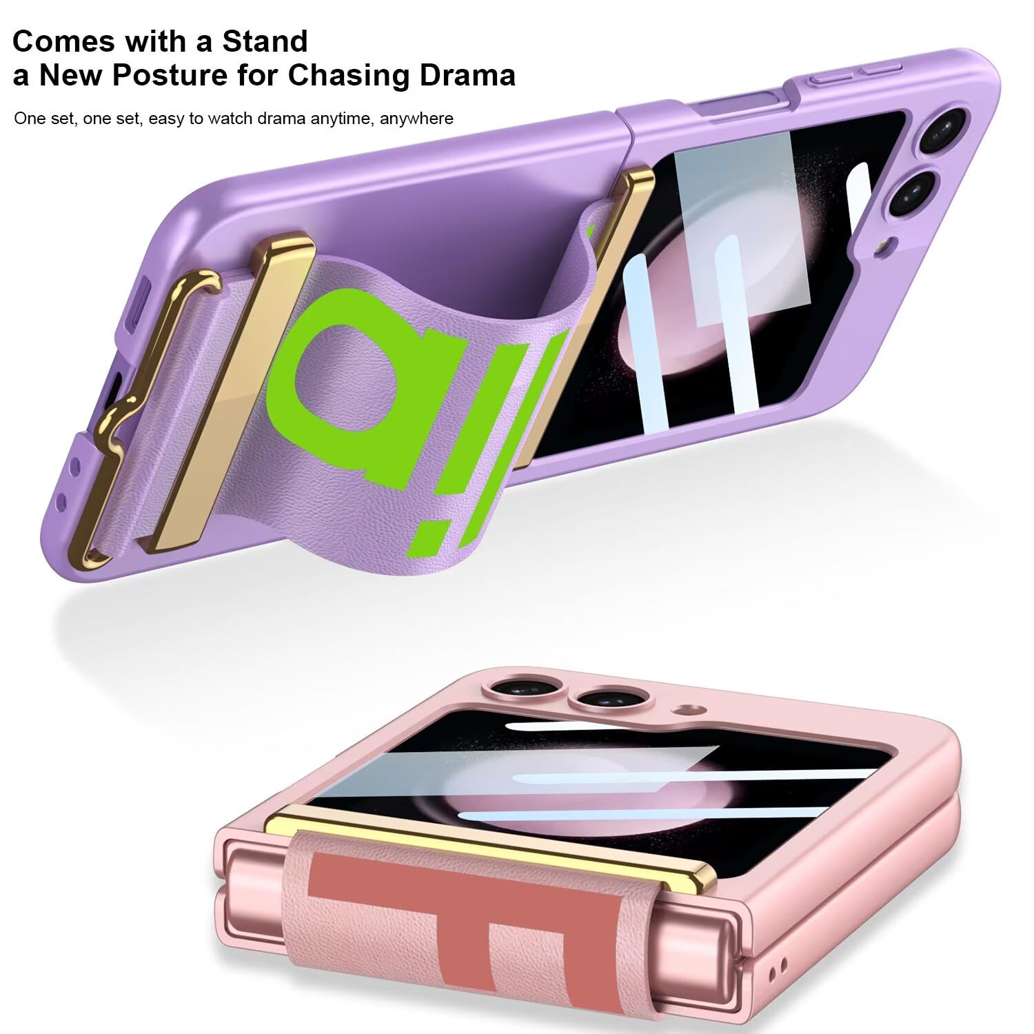 Jeelar ESONG Handyhülle für Samsung Galaxy Z Flip7 mit Leder-Armbandhalter,Ultradünne Handschlaufe Hart Schutzhülle mit Ständer,PC Kratzfest Stoßfest Case mit Displayschutzfolie/Scharnierschutz-Lila