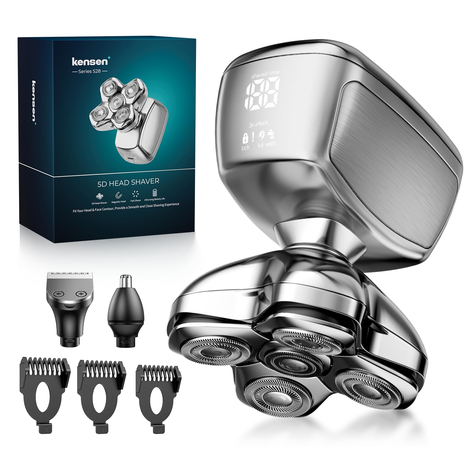 Kensen Afeitadora Cabeza Hombre 3 en 1, IPX6 Impermeable Maquina Afeitar Cabeza para Calvo con Cabezales Magnéticos 5D, Cortapelos y Nariz, Afeitado en Seco y Húmedo, Carga USB-C