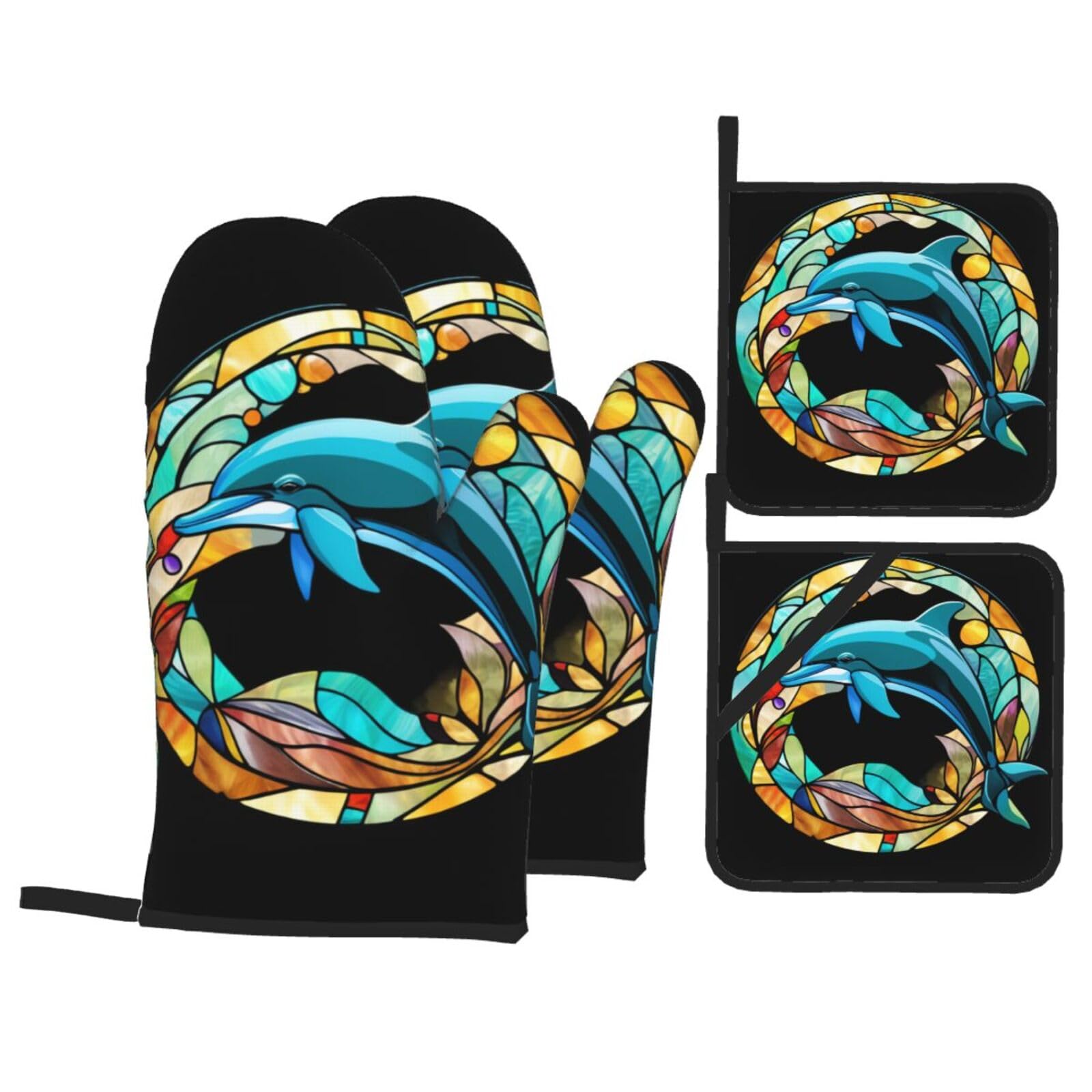 YYHWHJDE Stained Glass Dolphin Printed Kitchen Baking Set of 4 Thick Insulated Oven Mitt & Pot Holders, Anti-Scalding for Microwave, Oven, Outdoor BBQ