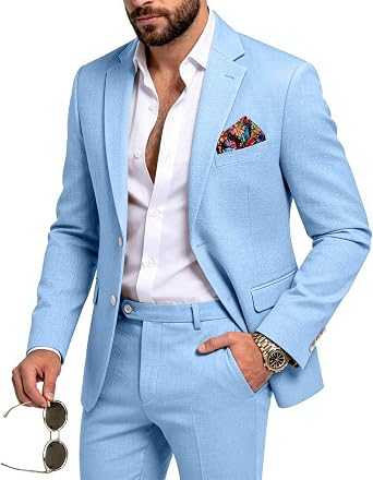 MOGU Mens Linen Suit 2 Piece Solid Mens Beach Wear Casual Slim Fit Suits Jacket and Pants for Summer Groom Wedding