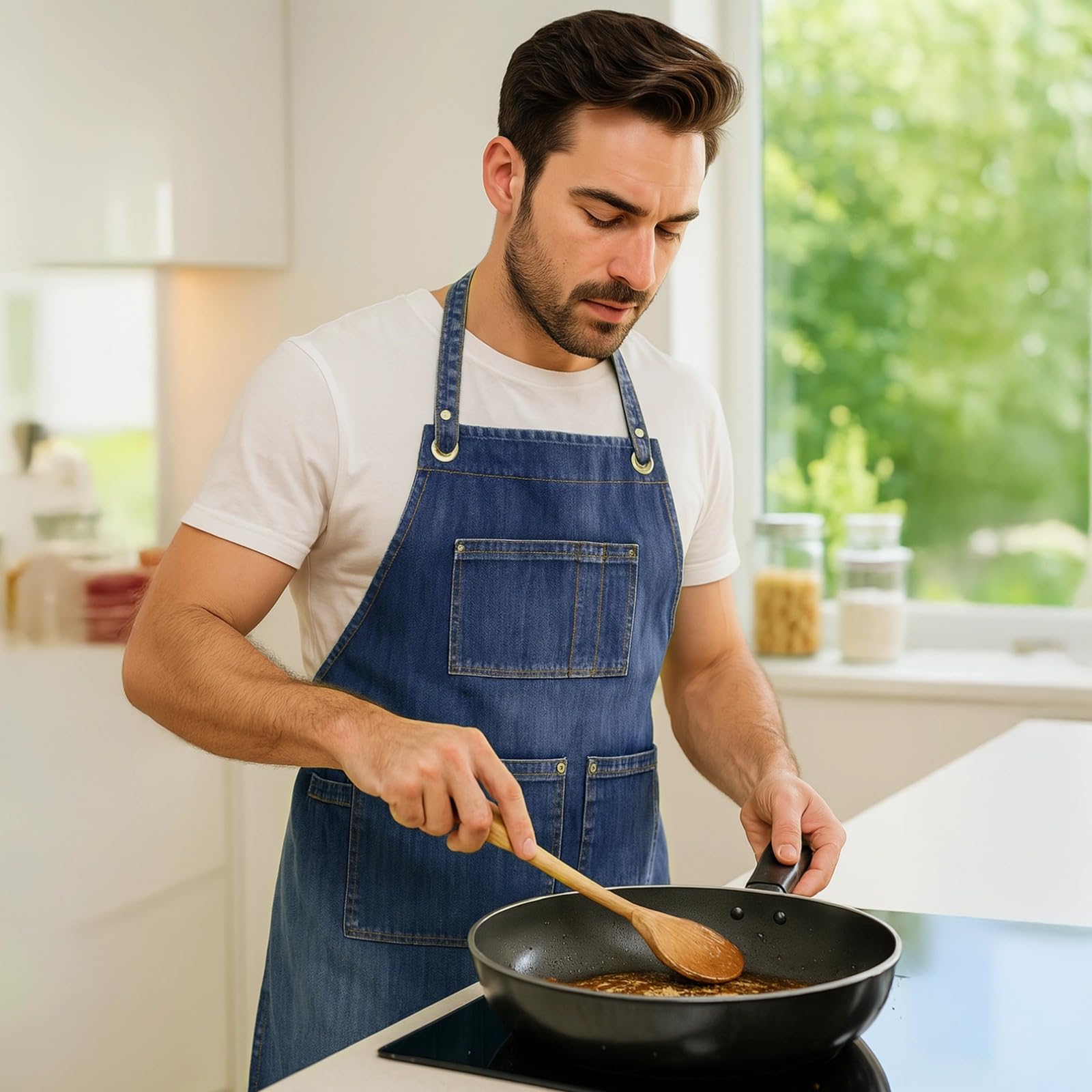 Delantal de peluquería, estilo vaquero con correas cruzadas ajustables, delantales de mezclilla para mujeres y hombres, correa de cintura ajustable, ideal para cocinas, salones y restaurantes