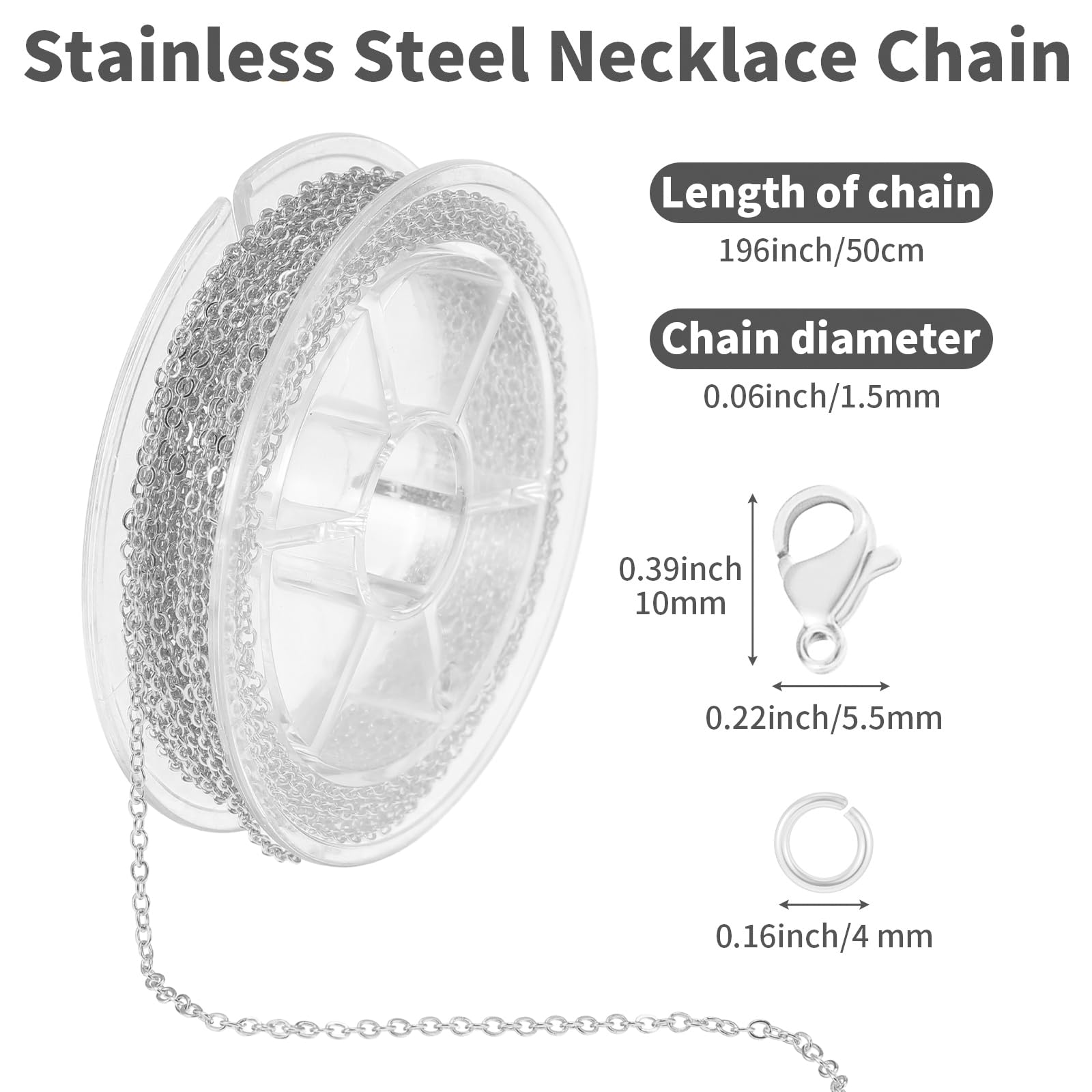 COMNICO 16.4ft Stainless Steel Chain 2.4mm Jewelry Cable Link Chain Roll DIY Craft Supplies Findings with 20pcs Lobster Clasps 50pcs Jump Rings for Making Necklace Earring Bracelet (Silver) - Image 2