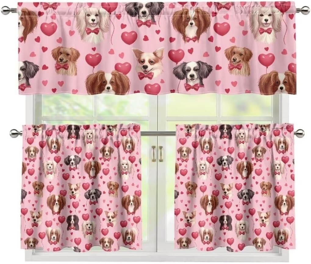 Jeiento Valentine's Day Kitchen Curtain Valance and Tiers 3 Pcs Set Cute Dogs Window Tiers Pink Heart Light Filter 36" Tier Privacy Drapes Rod Pocket Curtain Window Valance for Home Window Decorations