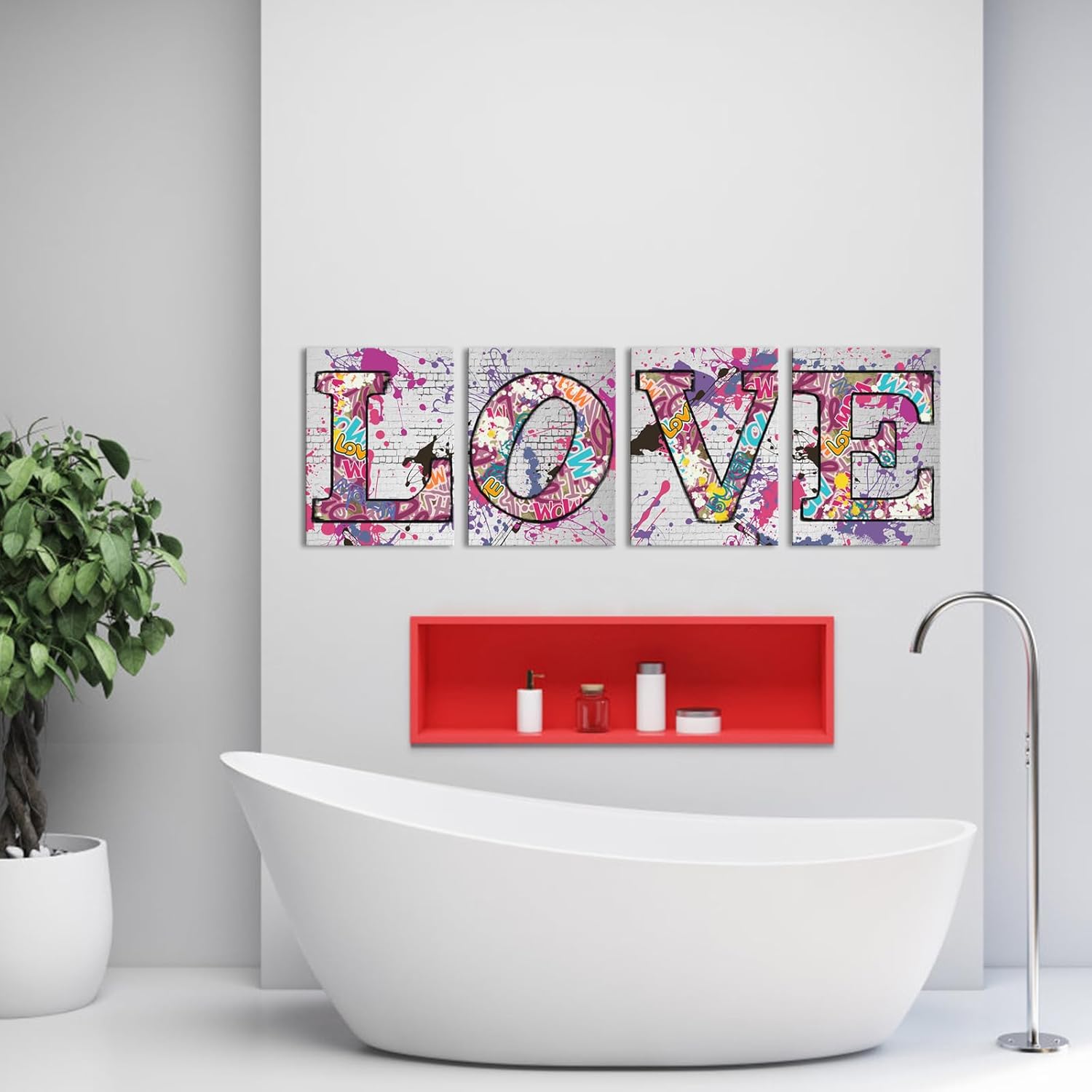 OuElegent 4 Piece Love Canvas Prints Graffiti Street Art Painting Pictures Modern Artwork Poster for Living Room Bedroom Bathroom Wall Decor Framed Ready to Hang