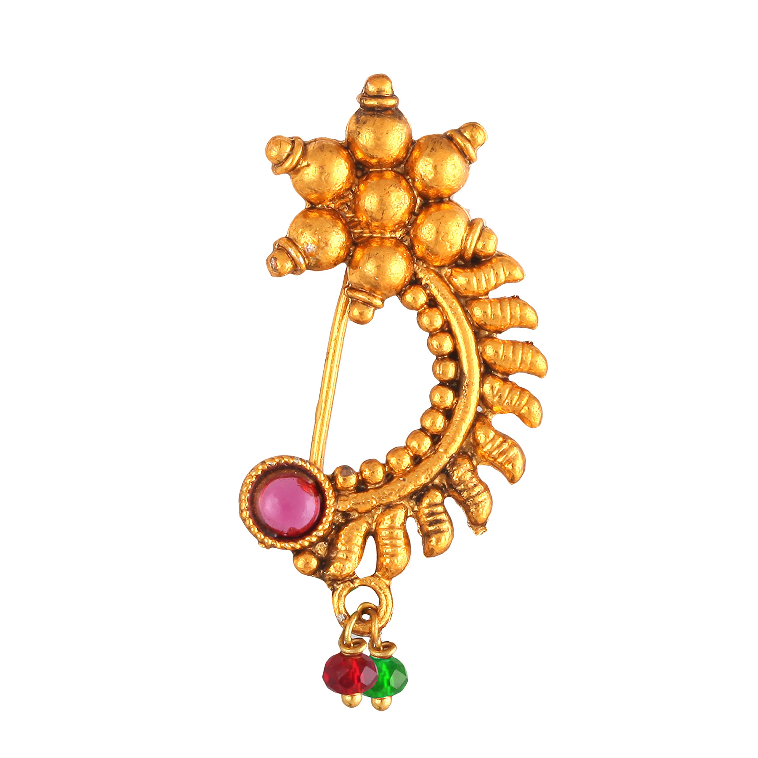 Vighnaharta Oxidised Gold with Artificial stone and beads Red Stone Alloy Maharashtrian Nath Nathiya./ Nose Pin valentine day gift valentineday gift for her gift for him gift for women gift for women-VFJ1035NTH-Press