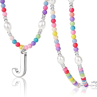 Poxtex Initial Necklace for Women and Teen Girls – Preppy Colorful Rainbow Beaded Pearl Choker with Letter Pendant Bulk, Cute Summer Beach Personalized Jewelry Gift for Kids, Teens, Women, Birthday