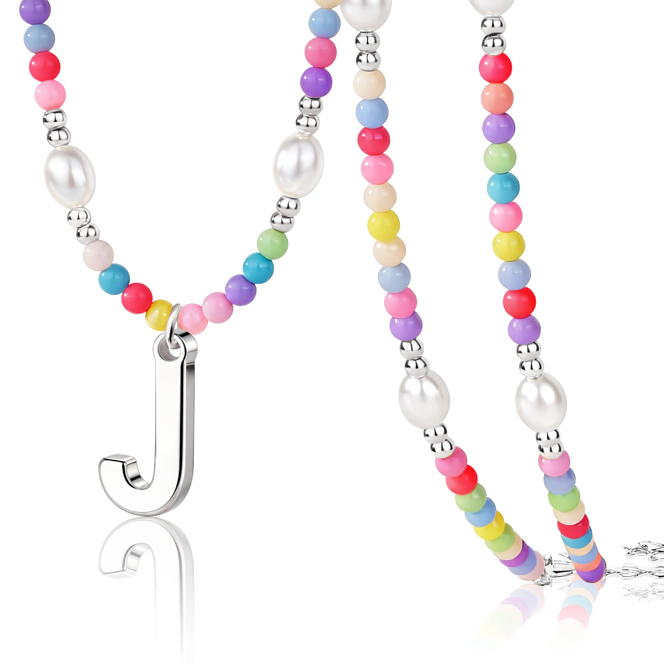 Personalized Initial Necklace for Women Teen Girls – Cute Preppy Colorful Rainbow Beaded Pearl Choker with Letter Pendant, Dainty Summer Beach Aesthetic Jewelry Gift for Kids, Teens, Women, Birthday