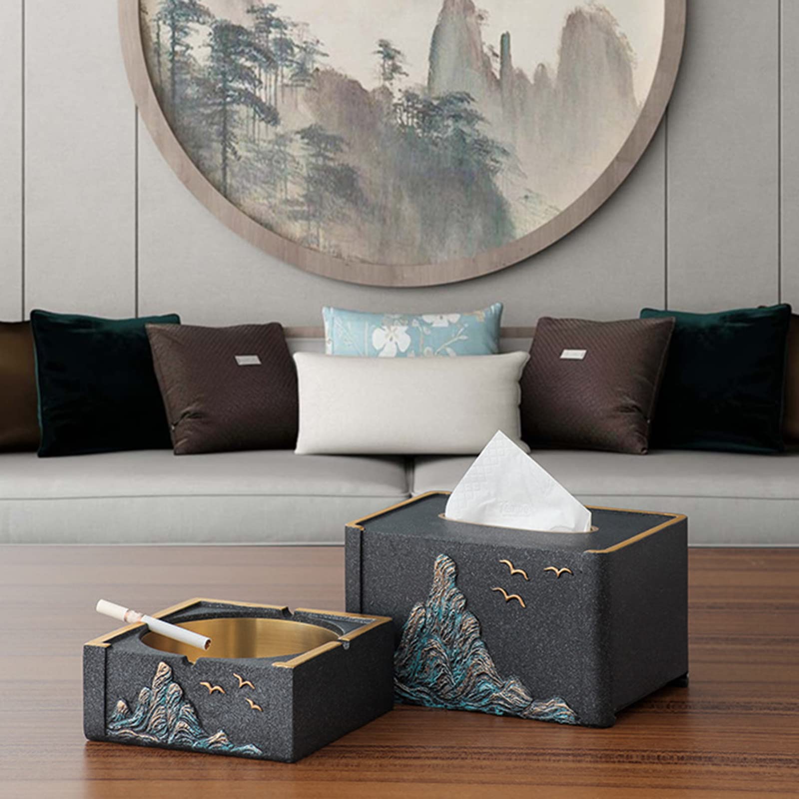 Decorazione scatola di fazzoletti in stile cinese, scatola portaoggetti multifunzionale, scatola portaoggetti creativa per tavolino da caffè retrò di fascia alta,E