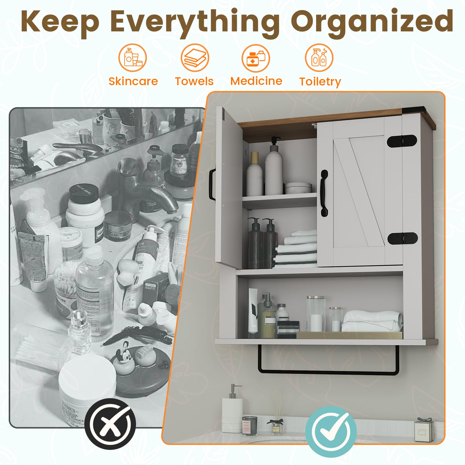 LIFEZEAL Mobiletto Bagno Salvaspazio da Parete, Bianco, Pensile Bagno Sospeso con Barra Portasciugamani, 2 Ante con Ripiano Regolabile, Armadietto, Armadio, Mobile, per Cucina, in Legno, 60x20x72,5cm