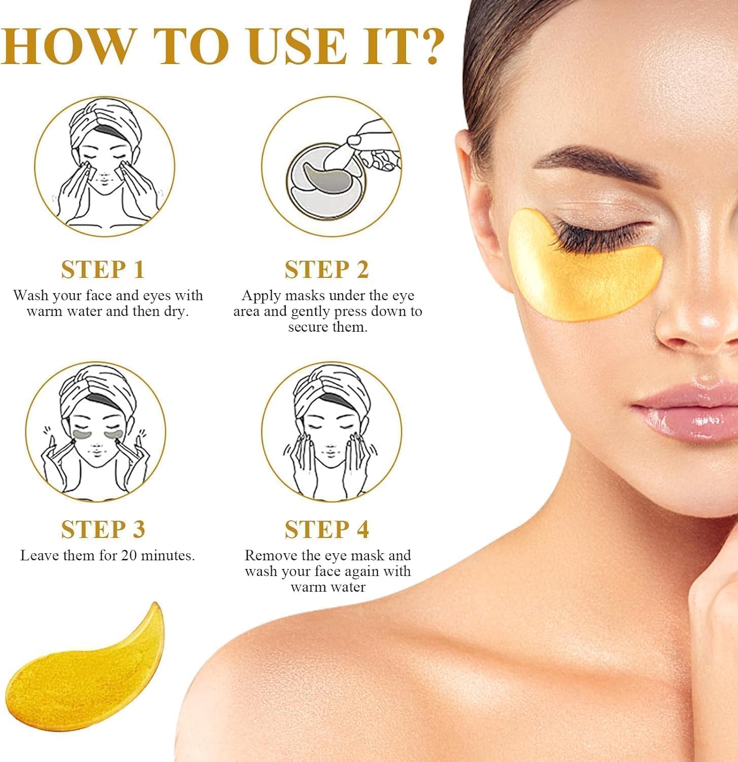 CASITO Under Eye Patches for Puffy Eyes,60 PCS 24K Gold Dark Circle Remover for Women and Men,Reduce Wrinkles, Under Eye Bags, Moisturizing Improves Elasticity- (D95) 2