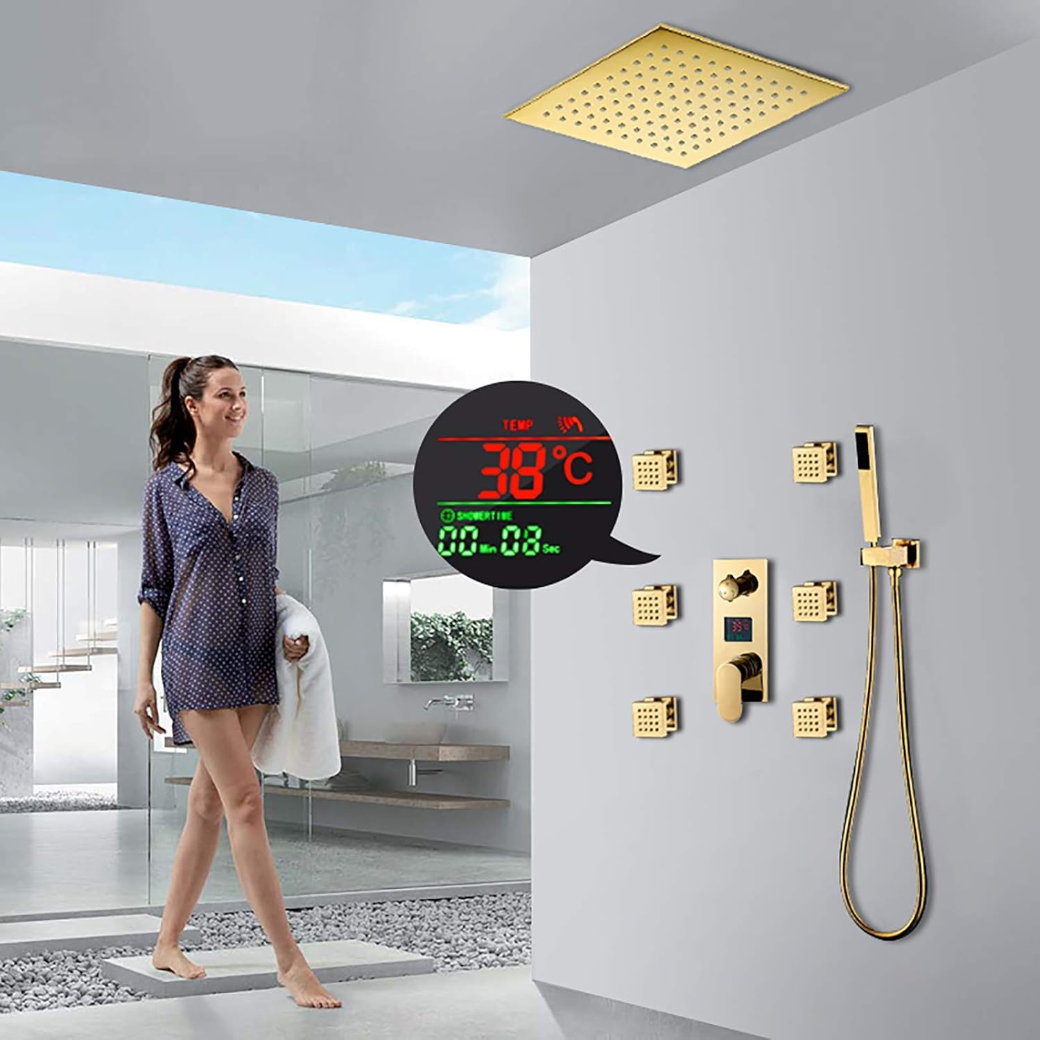 with Digital Display,Gold Rain Mixer Shower Combo Set Ceiling Mounted Bathroom Shower Faucet Set with Led Shower Head,Handheld Shower,Body Jets,8 Inches
