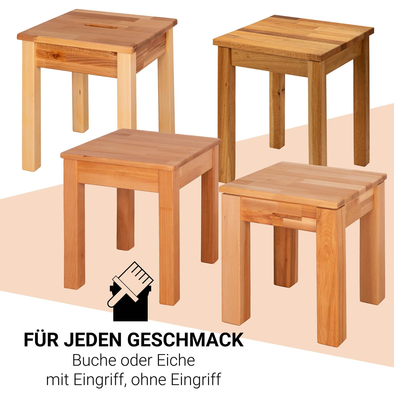 Staboos massiv Holzhocker Doc mit Eingriff bis 150 kg - Buche Sitzhocker aus Holz - Kernbuche Natur - Hocker als Nachttisch nutzbar - 35 x 35 x 45cm