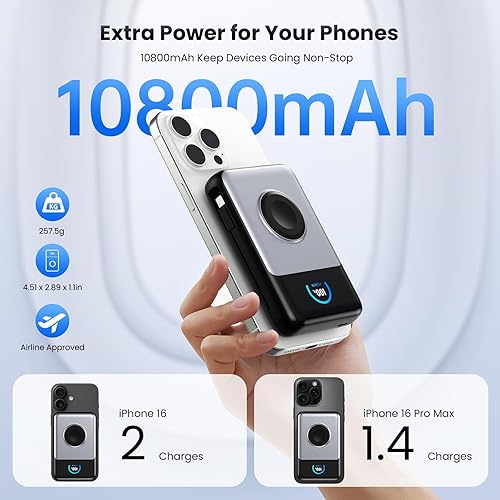 Miniatura 6 de Cargador portátil magnético 10800mAh con cables incorporados, banco de energía inalámbrico certificado Qi2 de 15W para Magsafe, batería esencial de