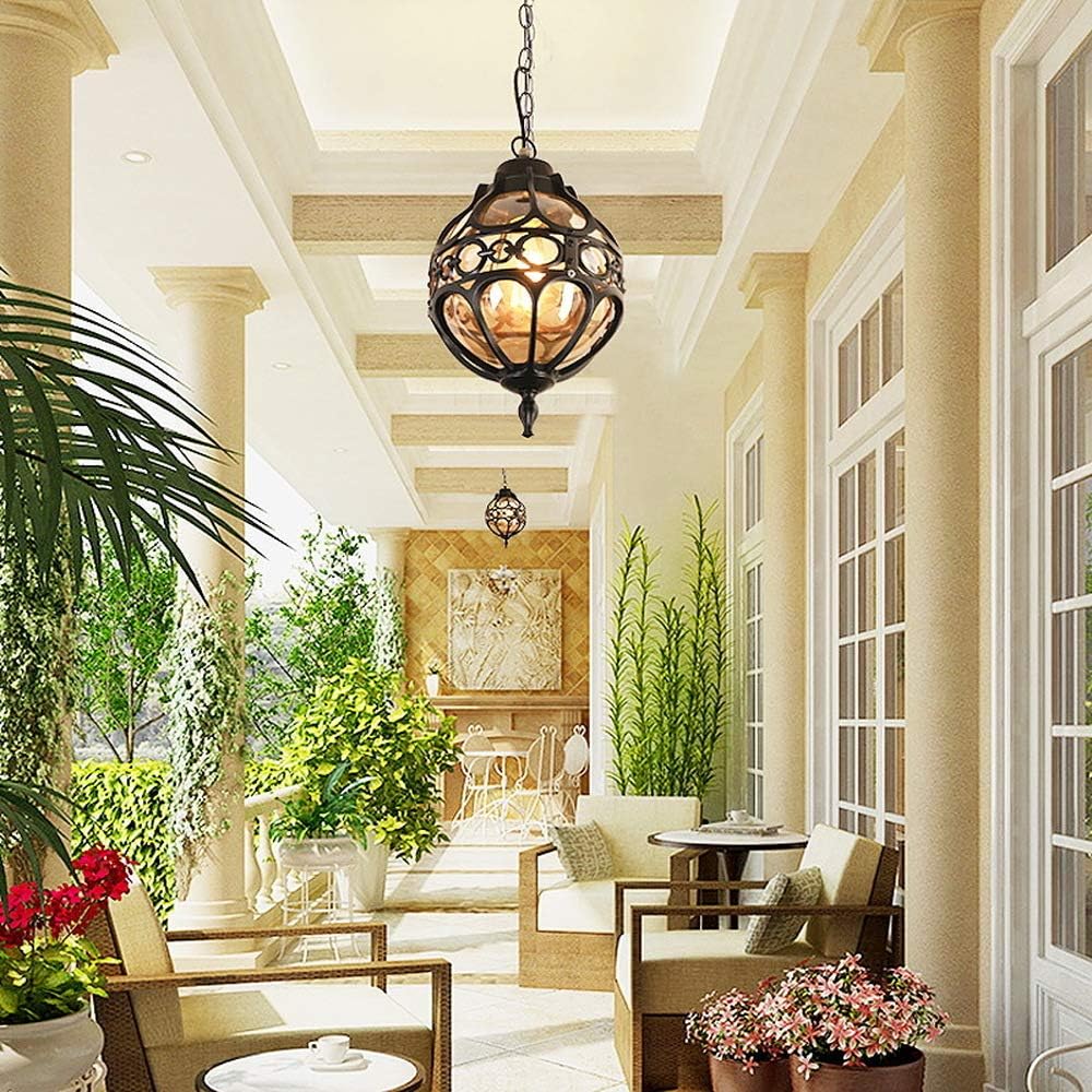 Outdoor Pendant Light Fixtures, Farmhouse Indoor Ceiling Hanging Porch Lantern in Black Metal with Amber Clear Glass, Height Adjustable Exterior Lantern for Kitchen, Entryway, Patio (Small)