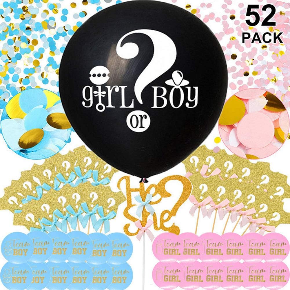 Baby Gender Reveal Party Supplies and Decorations (52 Pieces) Pink and Blue Stickers, 36 inch Gender Reveal Balloon, Great with Confetti Cannon
