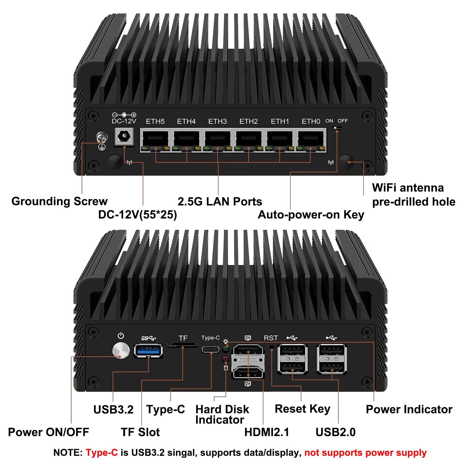 StoneStorm Micro Firewall Appliance 6 2.5GbE I226-V LAN Ports for Network Security Core 3 N355 8-core Fanless Mini PC DDR5 RAM M.2 NVMe, Triple-Display Computer with AES-NI Support (8G RAM 128G SSD)