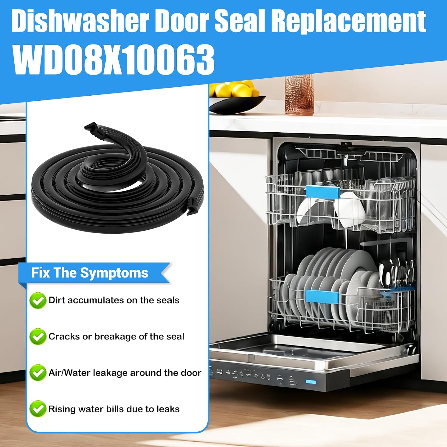 Upgraded WD08X10063 Dishwasher Door Seal Compatible with GE Dishwasher Gasket Door Seal GLDT696T00SS GLDT690D00BB Dishwasher Tub Gasket 1263915 AP3994669 EAP1481856 Dishwasher Seal Replacement