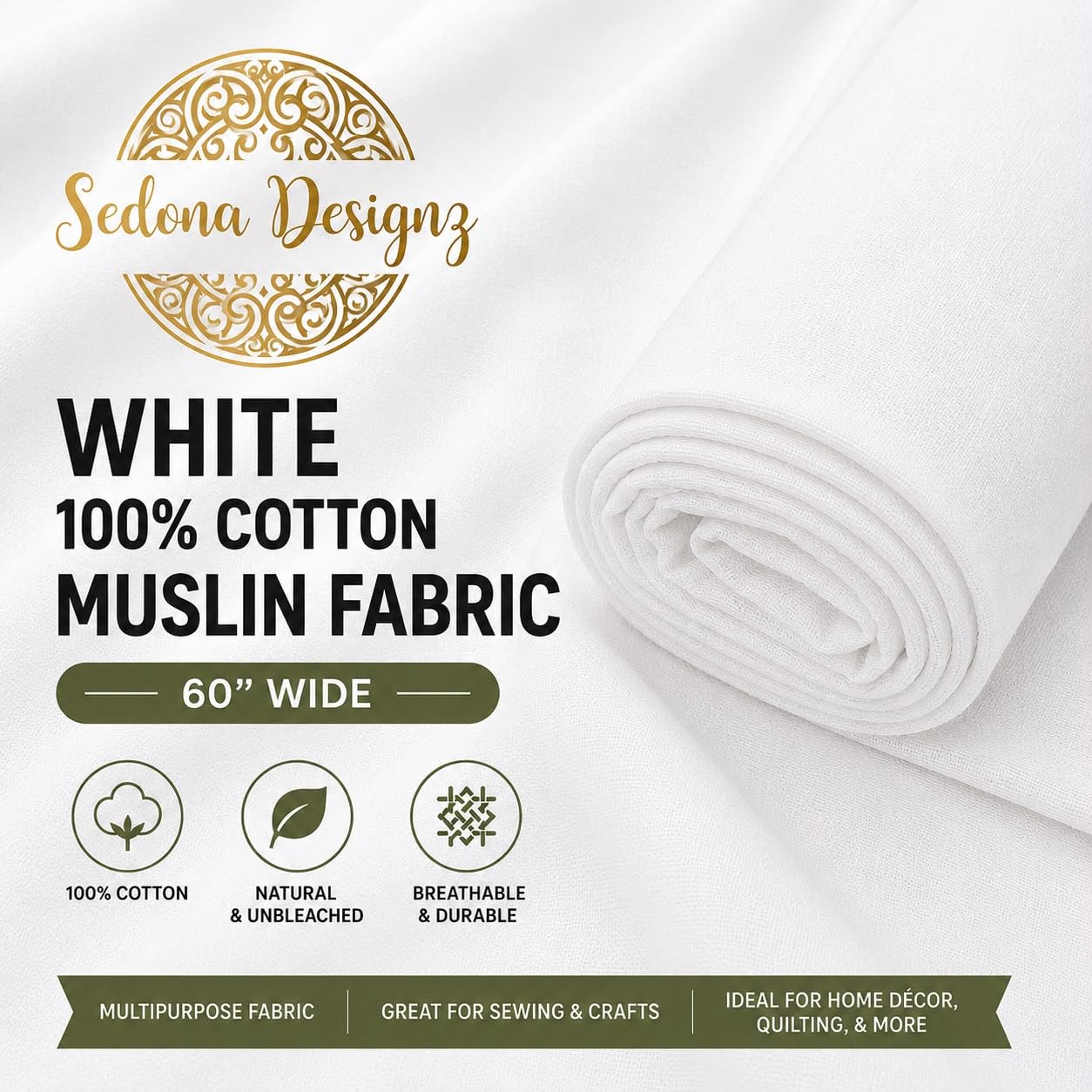 Sedona Designz Musselin-Stoff, gebleicht, 100 % Baumwolle, 152,4 cm breit, Drapierstoff, Meterware (4,5 m)