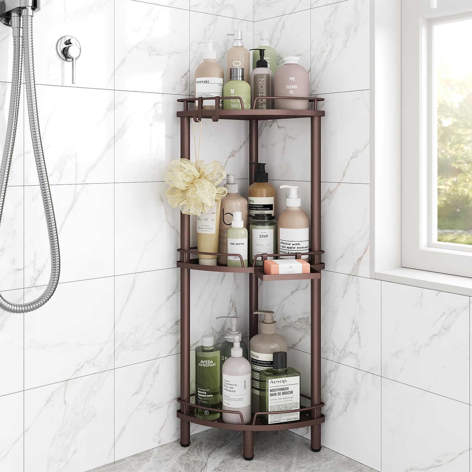 ELYKENCorner Shower Caddy Standing, 3 Tier Rustproof Metal Shower Organizer with Soap Holder, Floor Shower Corner Shelf Rack Storage Stands with Adjustable Feet & 2 Hooks for Bathroom, Bronze