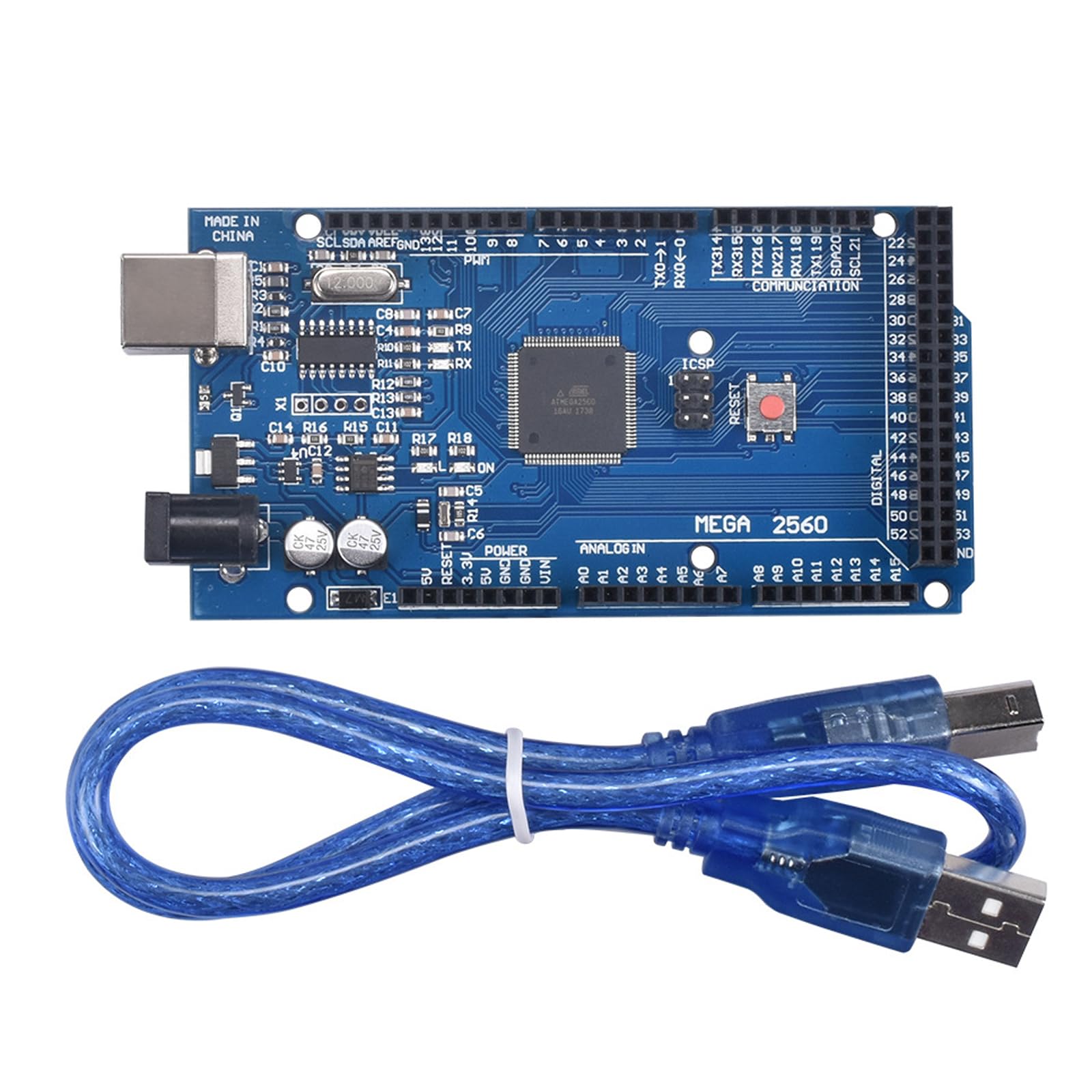 Mega-2560-R3 Board, Mega-2560 ontwikkelingsbord met USB-kabel, compatibel met 2560 R3-module, verbeterd met datakabel, stroomvoorziening 6,5 ~ 12 V, compatibel met Arduino IDE
