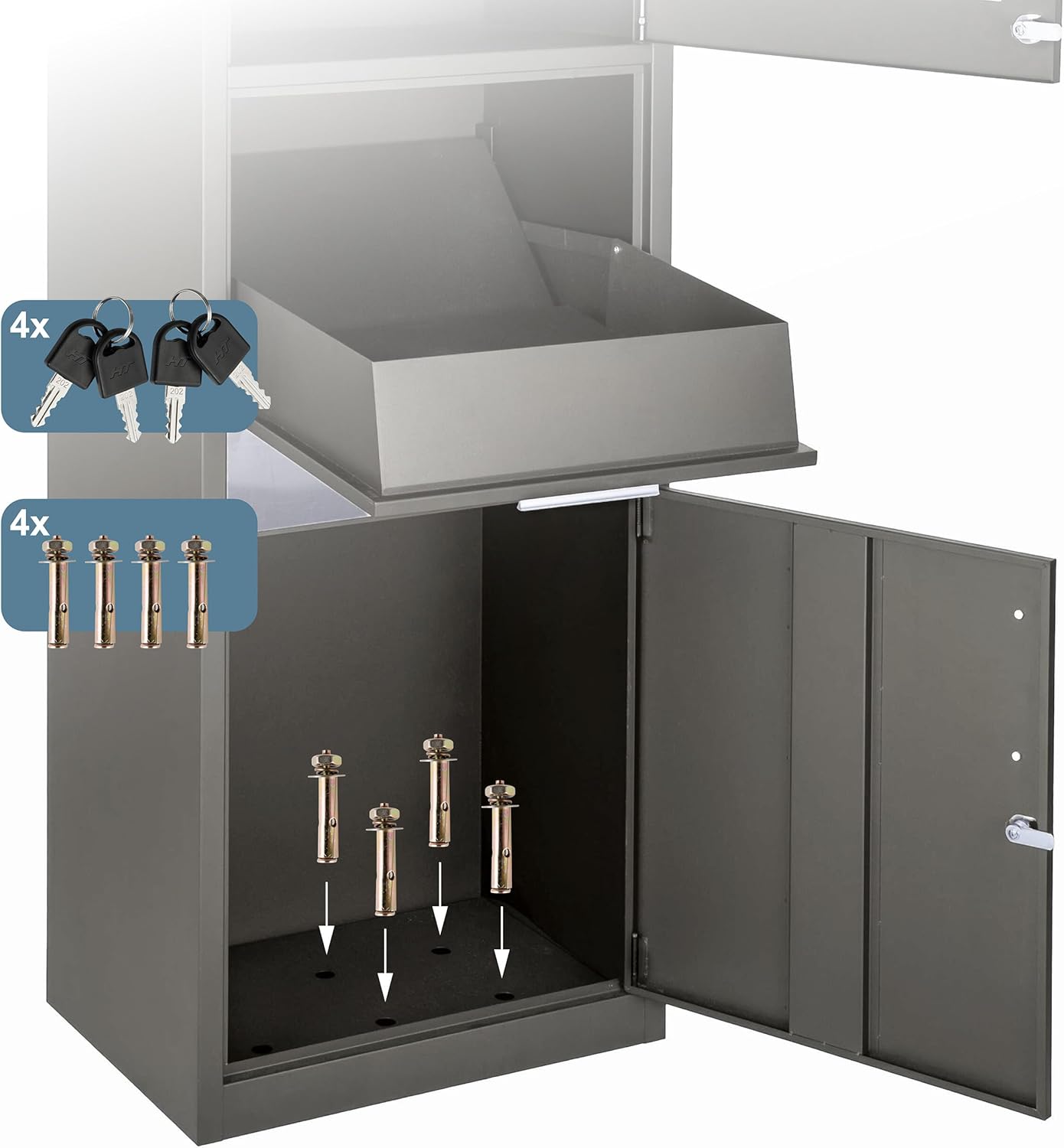 Relaxdays Letter Box with Parcel Compartment, 4 Keys, H x W x D: 112 x 50 x 37 cm, Iron & Stainless Steel, Dark Grey/Silver