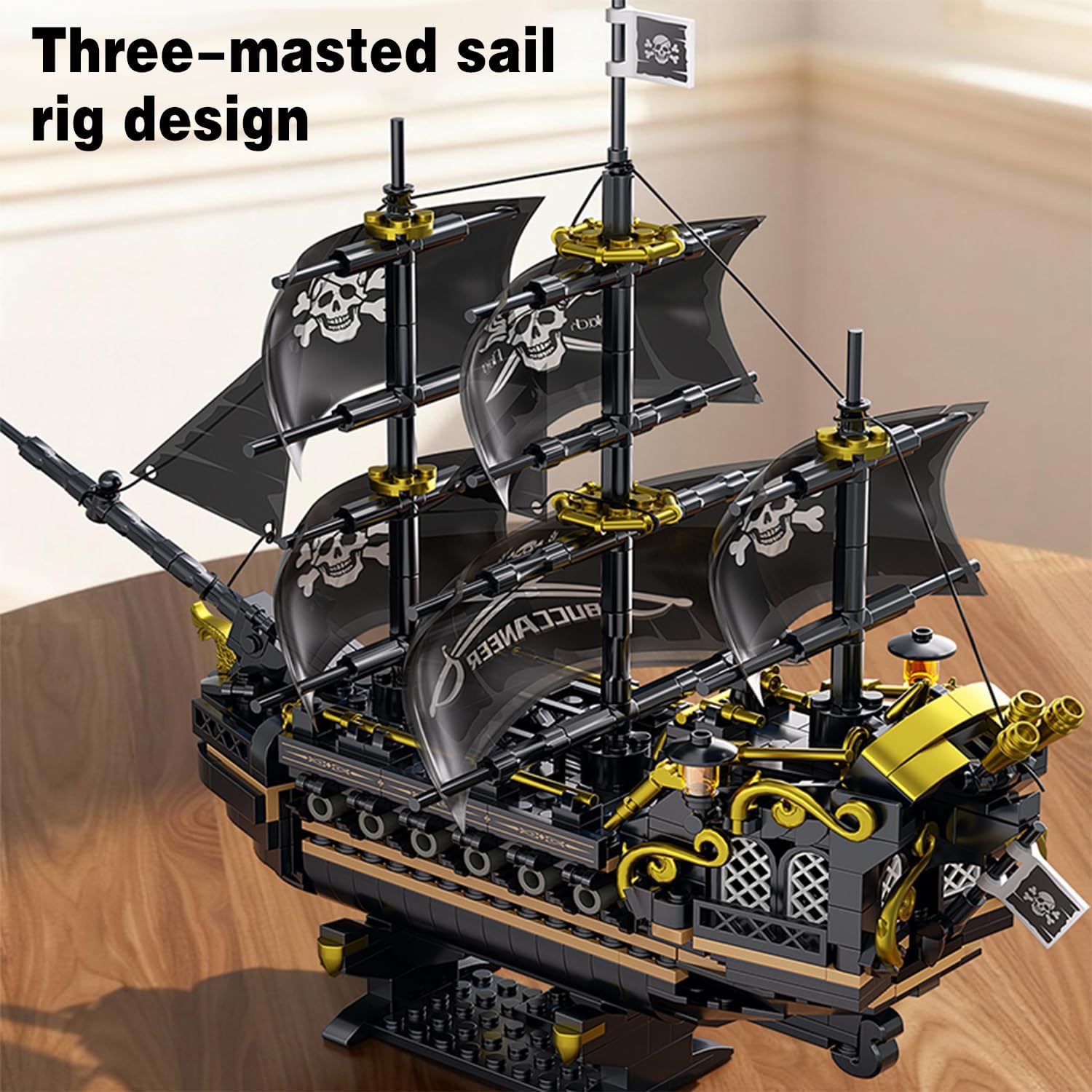 Pirate Ship Building Blocks Set, Black Pirate Vessel Toys,3-Mast Classic Pearl Corsair Sailing Ship Model Kits with Display Stand, Birthday Gifts for Adults Boys Men Teens Kids 8+,8-12（801 PCS