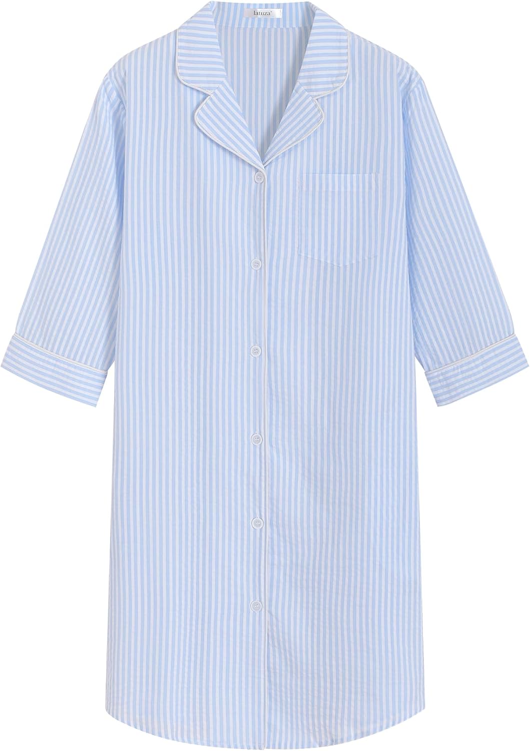 Latuza Women's Cotton Button Down Nightgown Seersucker 3/4 Sleeve Nightshirt
