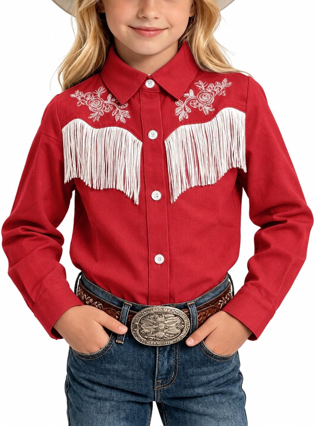YesFashion Girls Western Fringe Blouse Long Sleeve Floral Embroidery Button Down Shirt