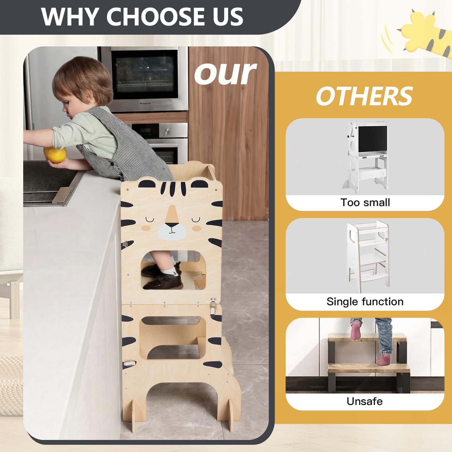 labebe lernturm für Kinder, klappbar Montessori Learning Tower, 3 in 1 lernstuhl Kinder mit Message Boards ab 1 Jahr-Tiger