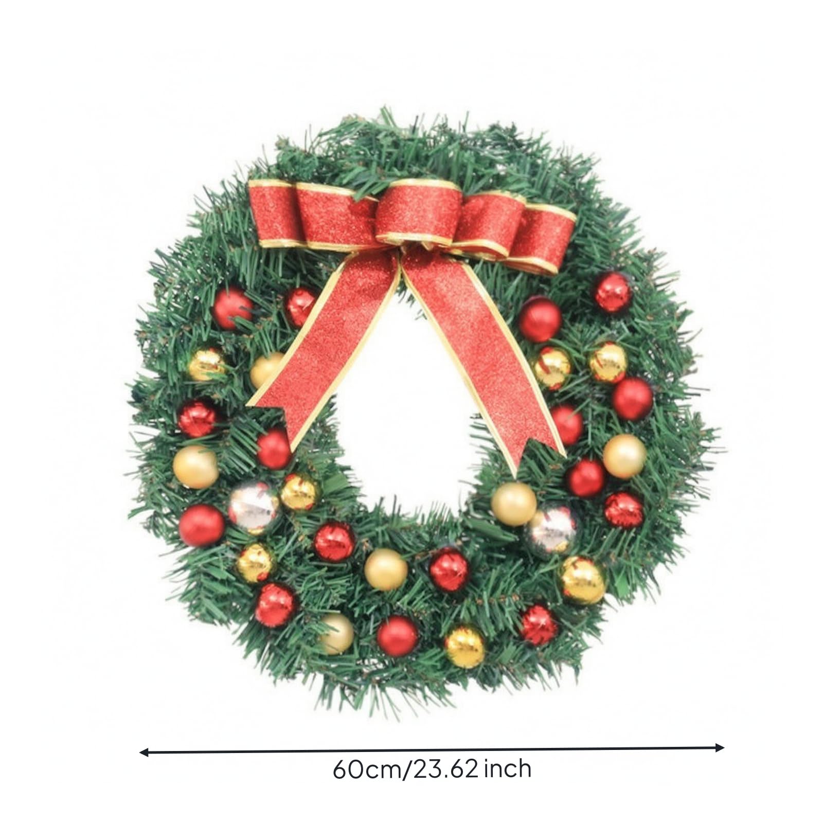 Ghirlanda Natalizia con Nastro Rosso Glitterato e Palline Fitto Ghirlanda di Natale in PVC con Struttura in Ferro Lusreggiante per Vetrina Negozio, 60CM