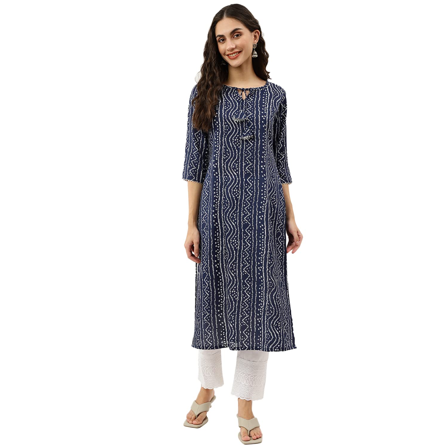 Nainvish Women's Cotton Blend Straight Round Neck Printed Kurta (Sd358_K-L_Blue)