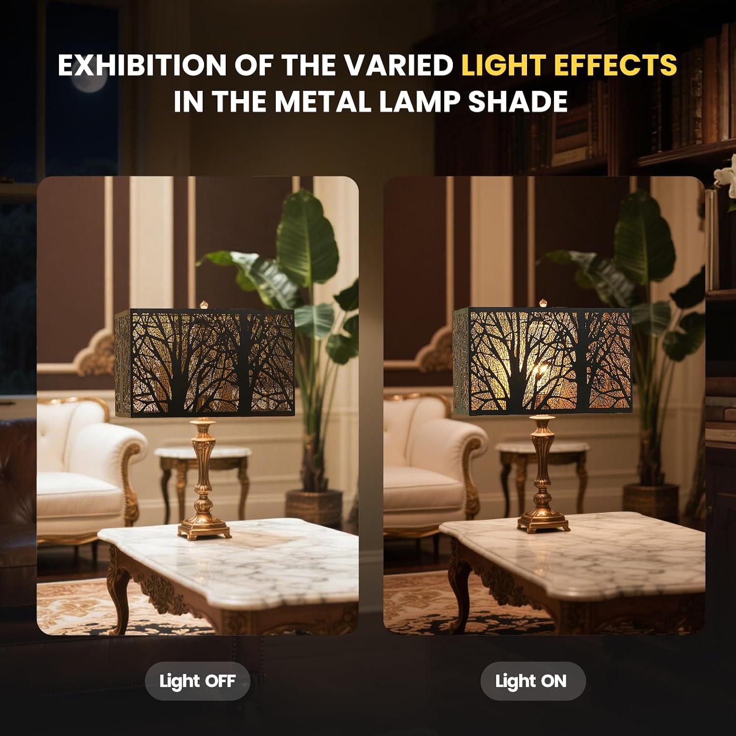 ALUCSET Rectangular Small Lamp Shade with Etched Forest Pattern, Metal Lampshade (12.5+6.8)'' Top and Bottom X 8'' Height, Vintage Replacement Light Cover for Table Floor Lamps