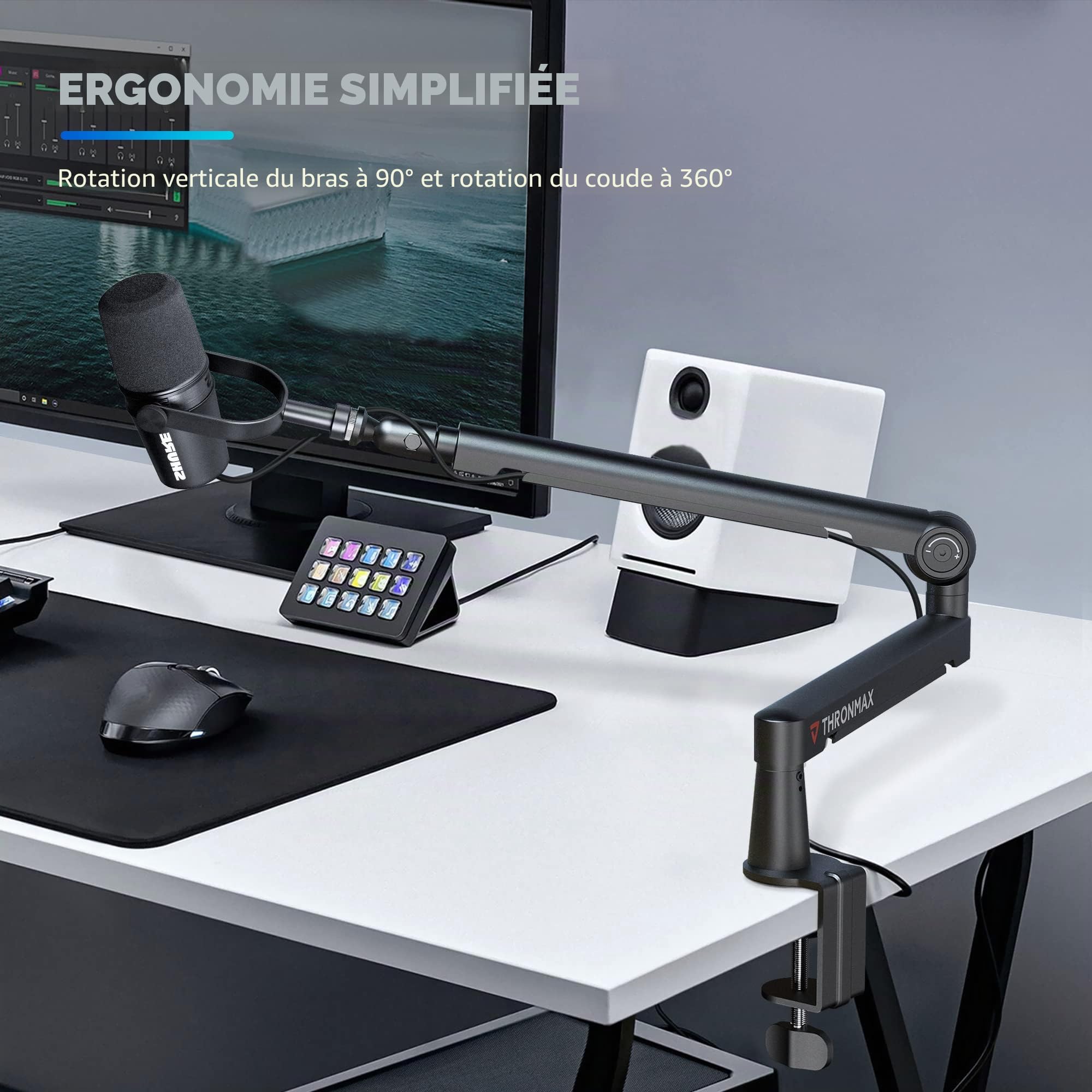 THRONMAX S6 Bras de micro low profile pour Game Streaming&Broadcasting, Robuste Boom arm universel avec adaptateur 1/4",3/8", 5/8"，Bras de micro entièrement métallique et entièrement réglable, Blanc