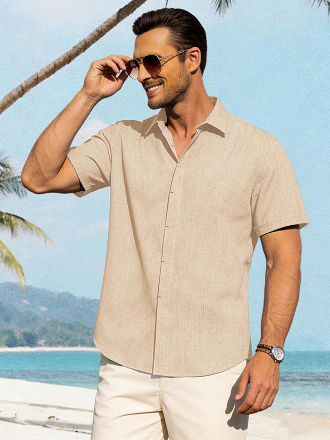 Mens Linen Shirts Short Sleeve Casual Shirt Button Down Summer Beach Vacation Tops Men Casual Dress Shirts Breathable - Image 5