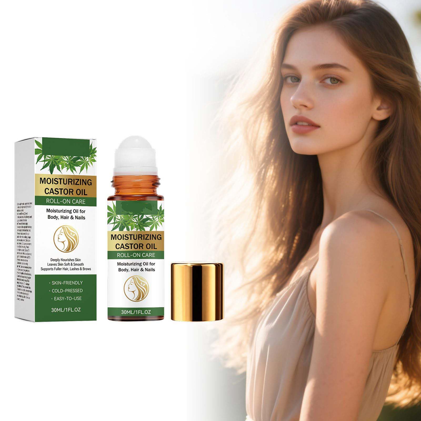 Aceite de ricino orgánico prensado en frío, aceite de ricino hidratante para abdomen, cara, debajo de los ojos, piel corporal, aceite de ricino con rodillo de cuarzo rosa, hidratación profunda de la