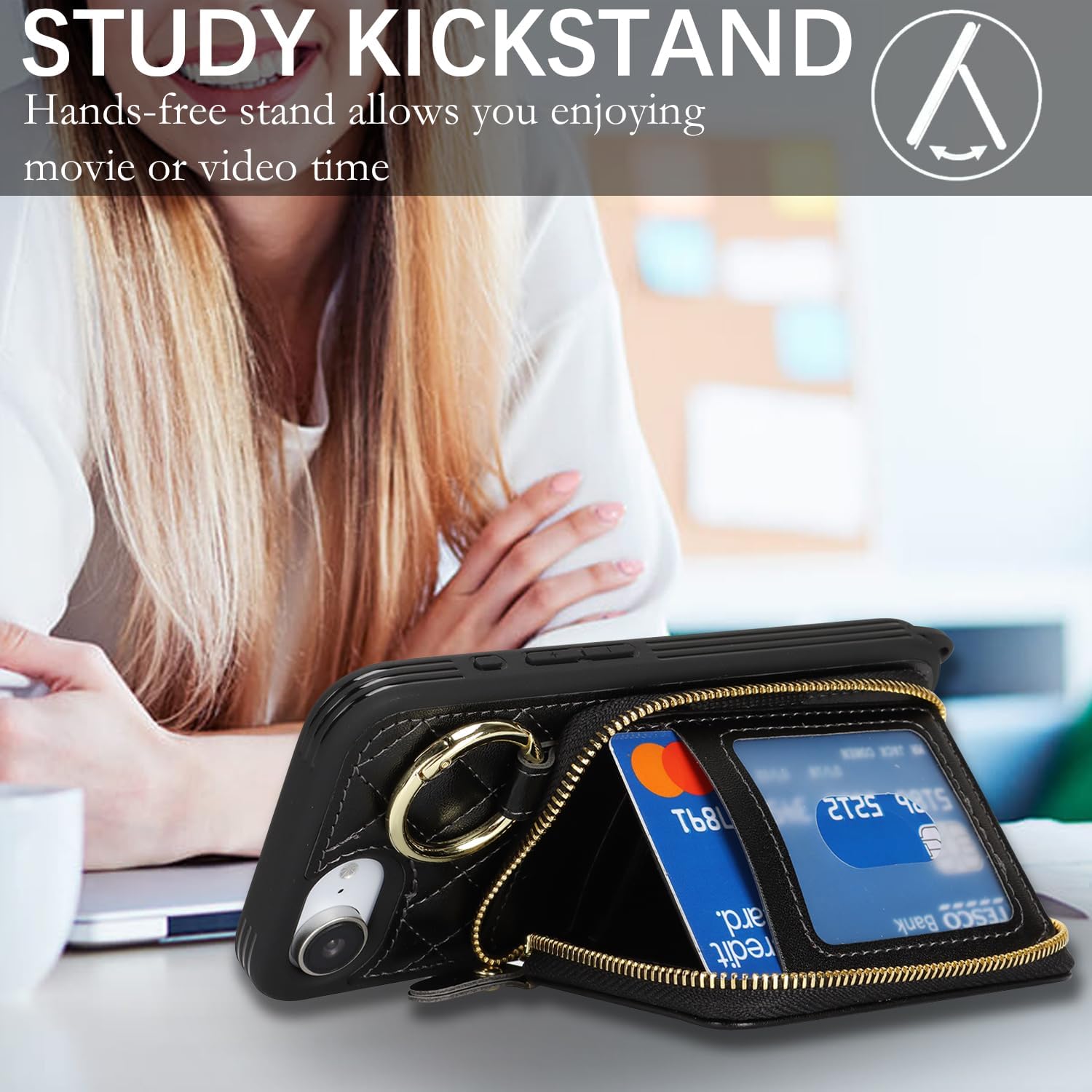 Crossbody Wallet Case for iPhone 17e/16e, PU Leather Zipper Handbag Purse Flip Cover, Kickstand Folio Case with Card Slots Holder Wrist Strap Lanyard 5G 6.1 Inch-Black