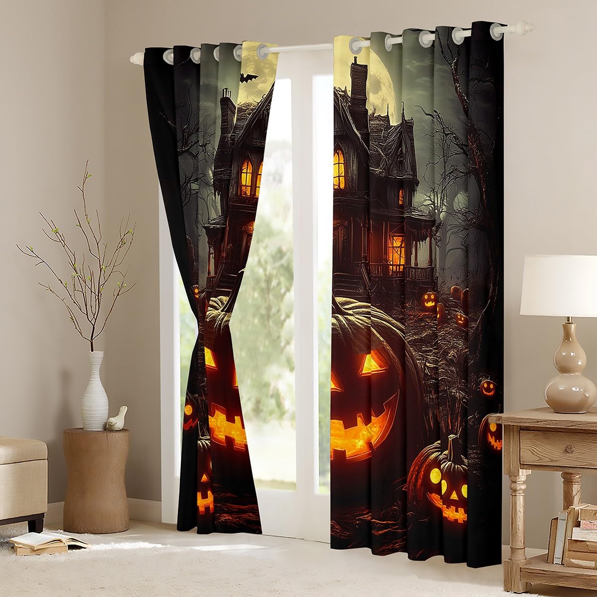 Kürbis Halloween Verdunkelungs Vorhänge Kürbis Laternen Vorhänge Glückliche Halloween Fenster Vorhänge Trick Or Treat Thema Schlafzimmer Vorhänge Geist Spinne Fledermäuse Dekor Vorhänge,117Bx183L