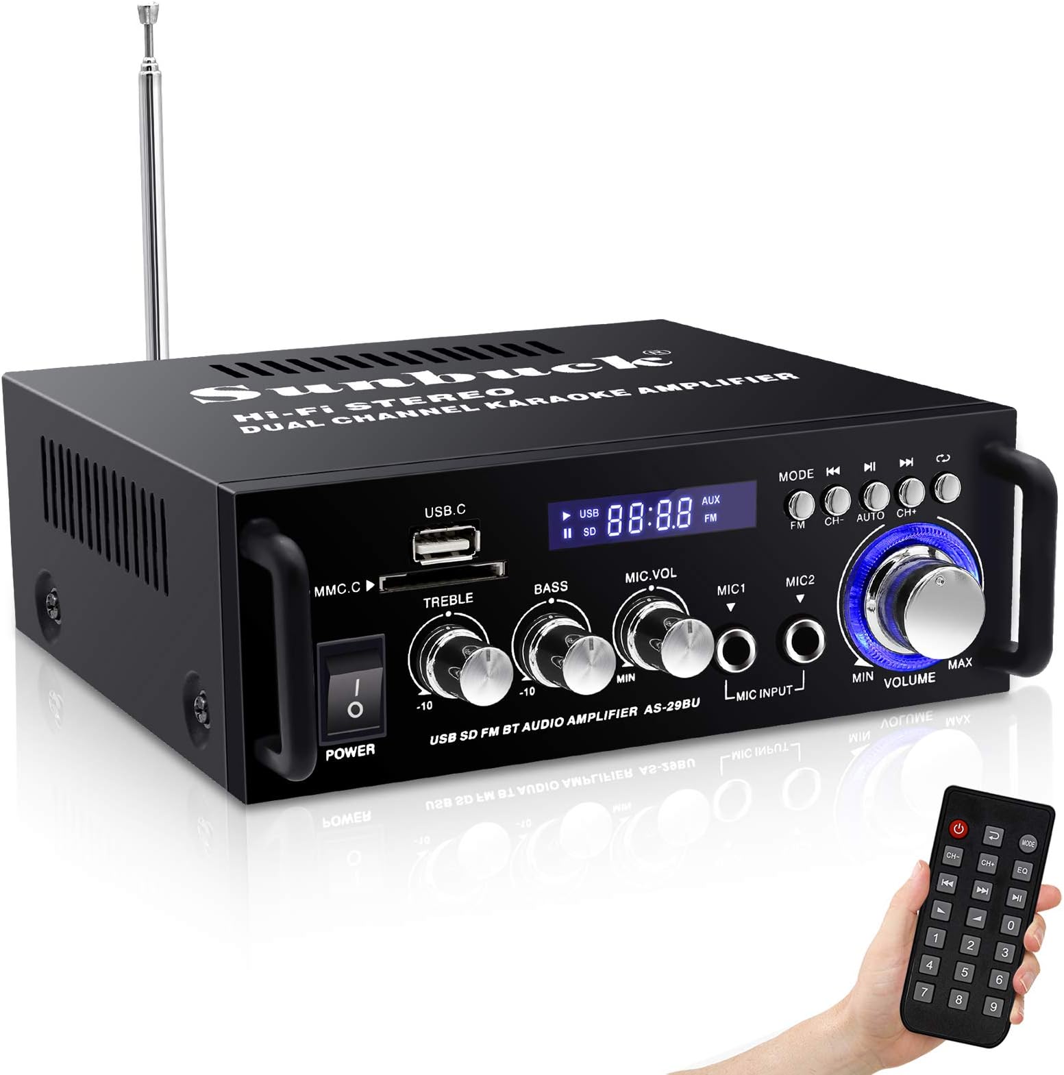 Sunbuck Bluetooth 5.0 Audio Amplifier, 2 Channel Compact Stereo System, 250Wx2, RCA/USB/FM, Speaker Receiver AS-29BU