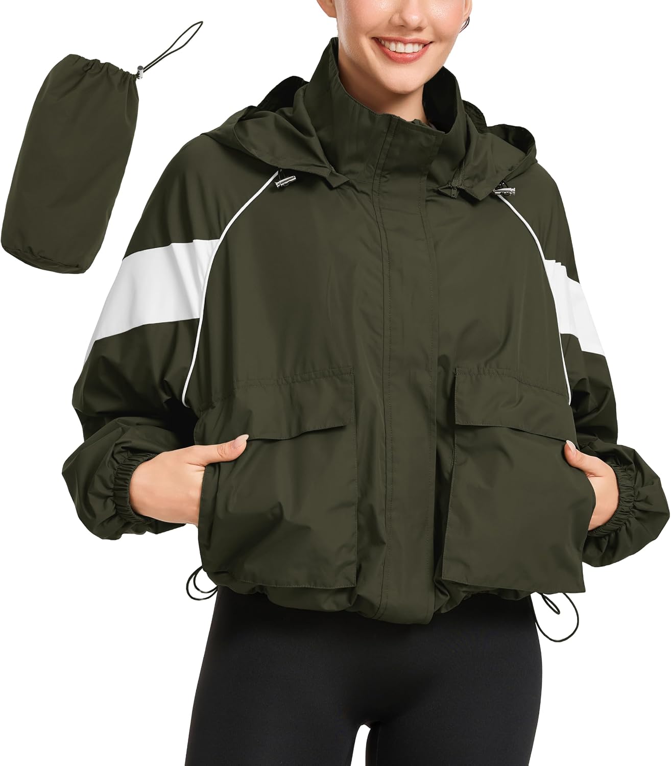 PESION Womens Waterproof Rain Jacket Cropped Lightweight Raincoat Athletic Outdoor Running Hiking Windbreaker Sporty Jackets