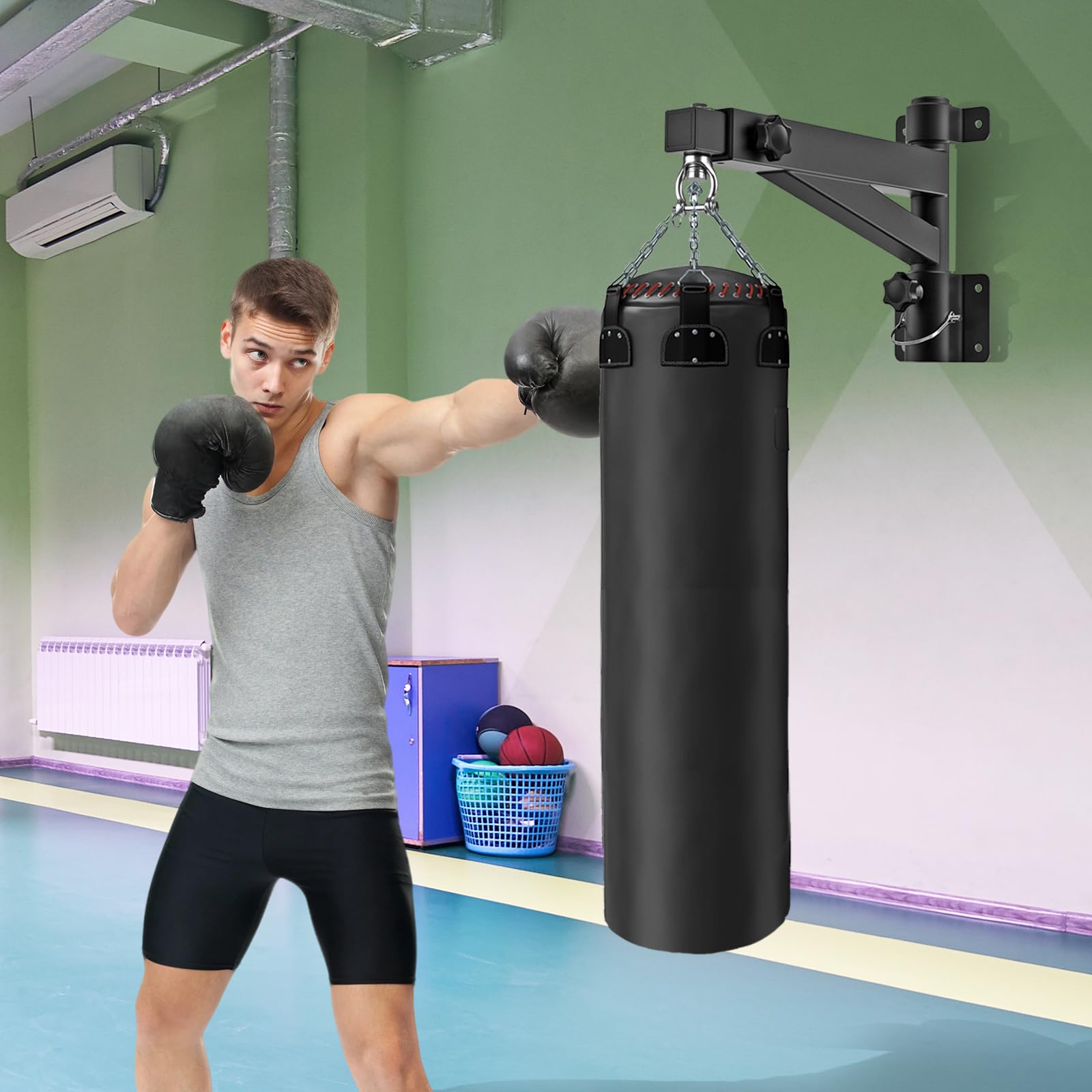 Boxsackhalter, Boxsack Hängend Ständer Einstellbare Wandregal Robuste Boxsackhalterung Verstellbare Länge Aufhängungen für Sandsäcke Montagezubehör für Zuhause Fitnessstudio Innenberei - Schwarz