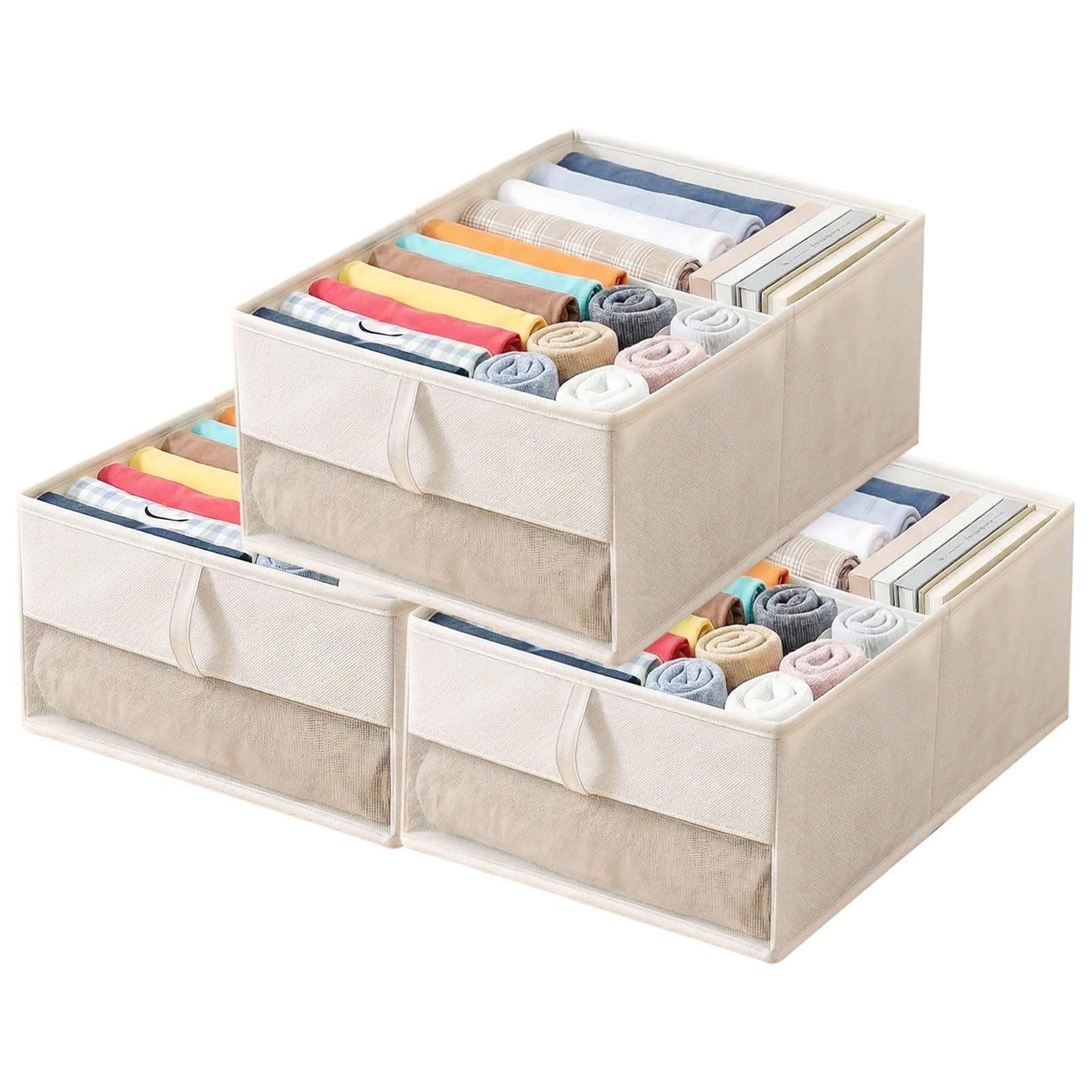 JTOOYS Wardrobe Storage Organiser Foldable - 3 Packs Large Stackable Cloth Organisers for Drawer Wardrobe Shelves, Beige Linen Storage Boxes for Pant Sweater T-shirt Scarf, 45x25x25 cm